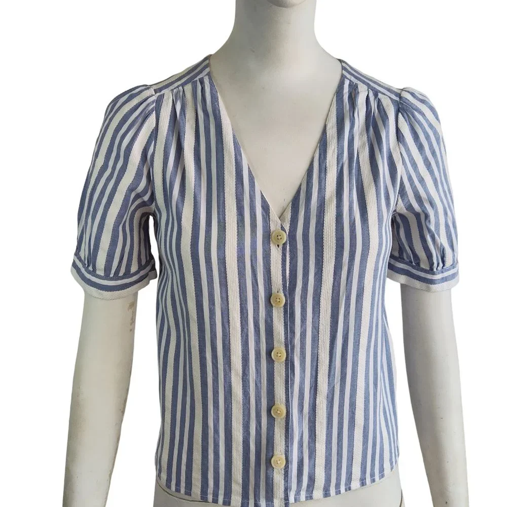 MADEWELL Plaza Coastal Coquette Stripe Button Front Cotton Viscose Blouse Sz XXS